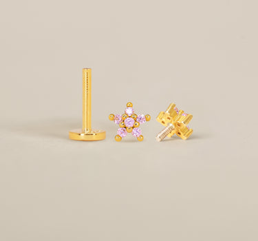 Pink Tourmaline 5 Petal Flower Flat Back Labret