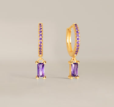 Paved Amethyst Baguette Hoops