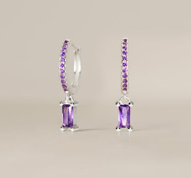 Paved Amethyst Baguette Hoops