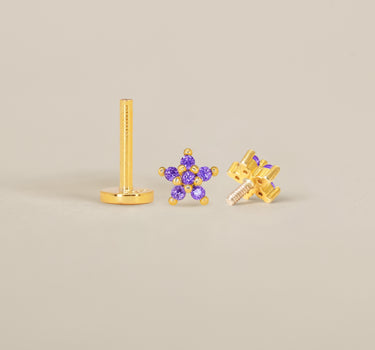 Amethyst 5 Petal Flower Flat Back Labret