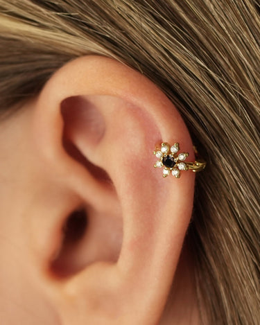 Mini Black Onyx Flower Hoops 